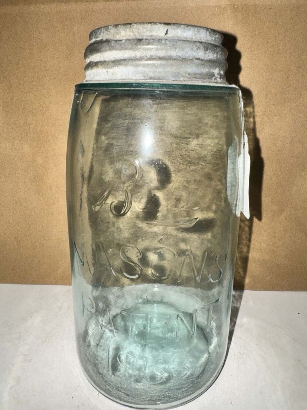 Antique The Ball Jar Mason’s Patent Nov 30th 1858 Aqua Quart Zinc Lid